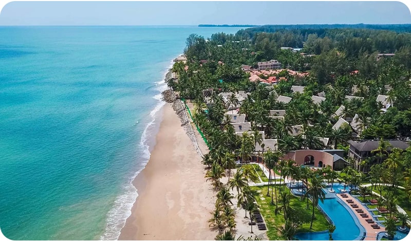 Aerial view of Bang Niang Beach and its beautiful resorts, a popular tourist destination in Thailand.