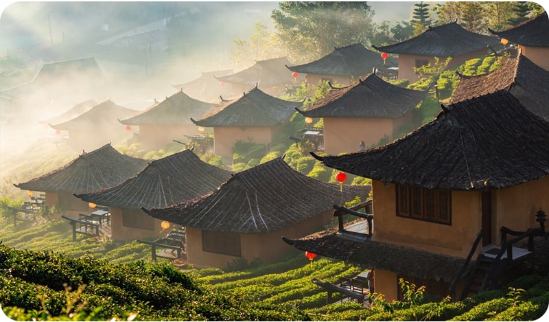 Peaceful morning mist in the mountains of Mae Hong Son, a popular tourist destination in Thailand.