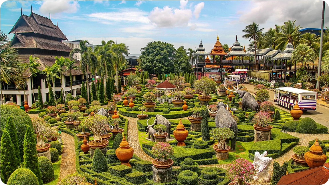 A beautifully landscaped garden at Nong Nooch, a must-see place in Thailand.