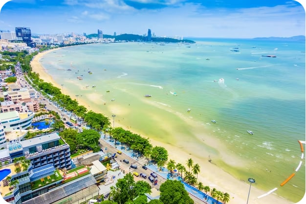 Panoramic view of Pattaya Beach, a popular tourist destination in Thailand.