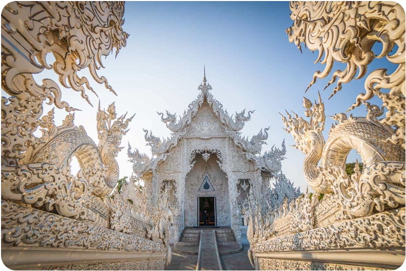 Unique and contemporary architecture at Wat Rong Khun, a popular tourist destination in Thailand.