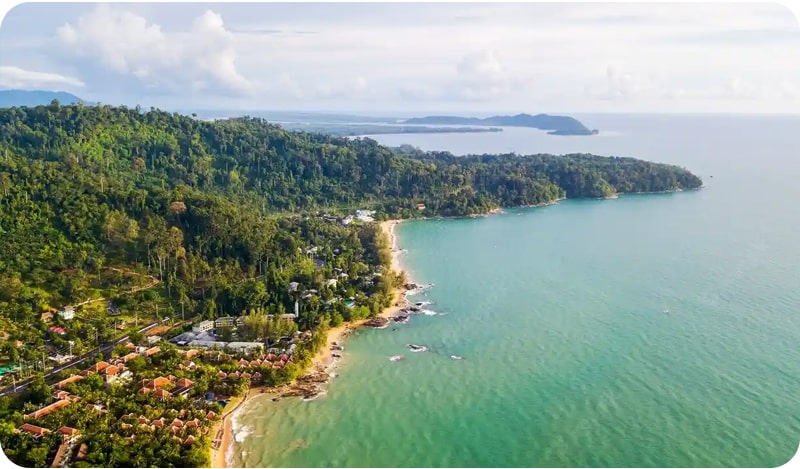 Aerial view of Khao Lak's stunning beaches, a popular tourist destination in Thailand.