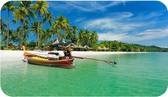 Tranquil beach with palm trees in Trang, a popular tourist destination in Thailand.